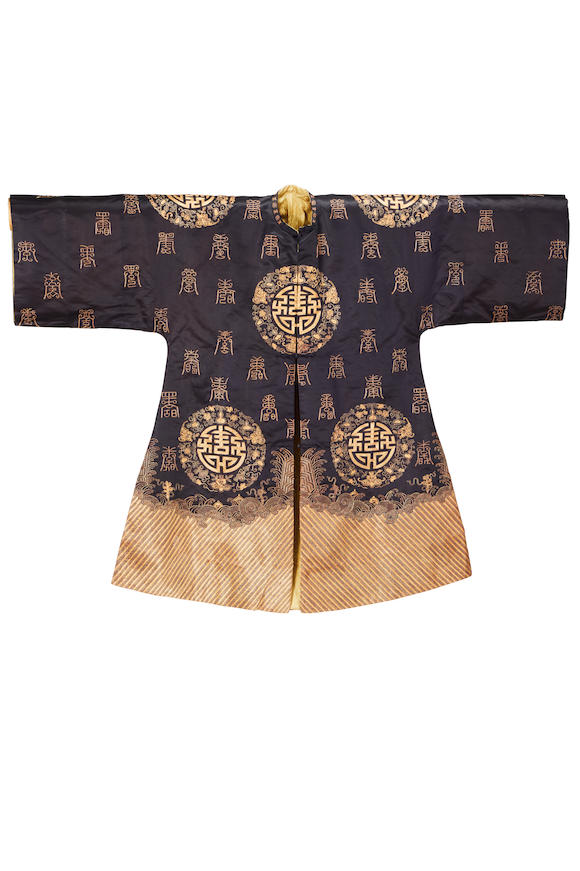 Bonhams : A CHINESE black silk longevity robe Baishouyi Early 20th Century