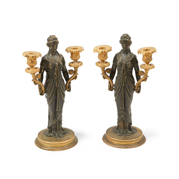 Bonhams : A pair of Empire gilt and patinated bronze two-light figural ...