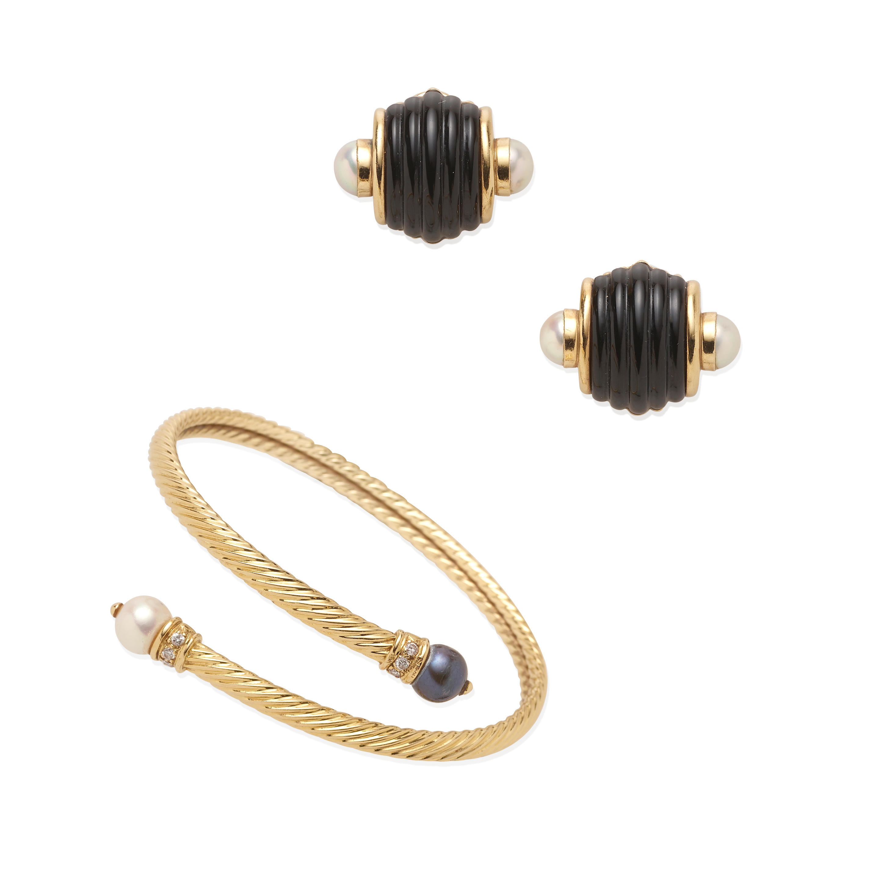 Trianon: Pair of Gold, Onyx and Cultured Pearl Ear Clips, Together With a...