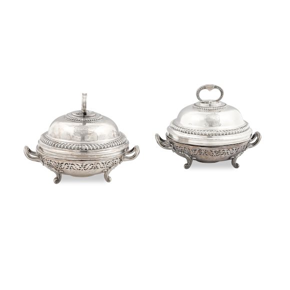 Bonhams A PAIR OF ENGLISH SILVER ASSEMBLED TWOHANDLED LIDDED