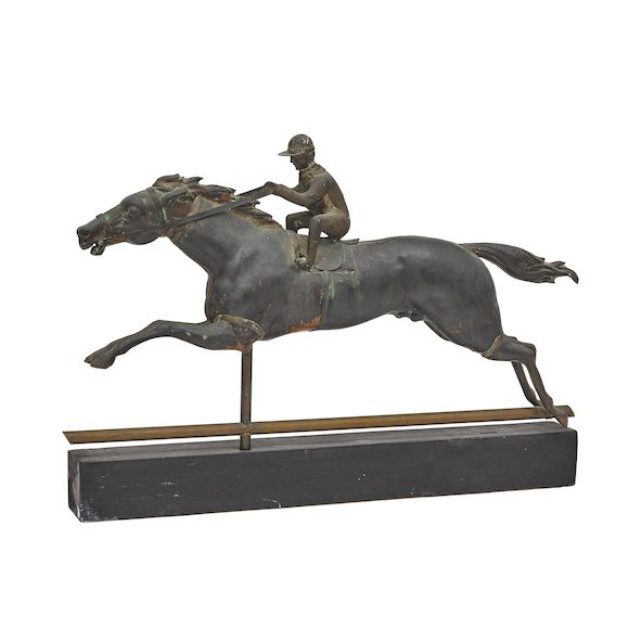 Bonhams A MOLDED COPPER AND ZINC RACE HORSE AND JOCKEY WEATHERVANEEarly 20th century