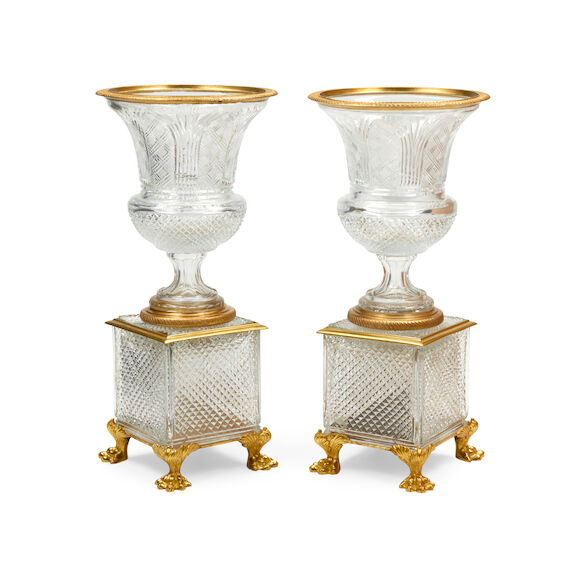 Bonhams : A PAIR OF NEOCLASSICAL STYLE GILT BRONZE MOUNTED GLASS URNS