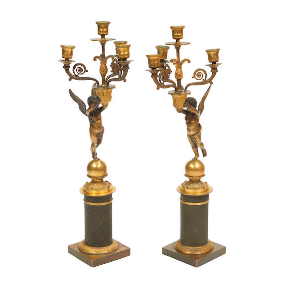 Bonhams : A PAIR OF EMPIRE STYLE GILT AND PATINATED BRONZE FOUR LIGHT ...
