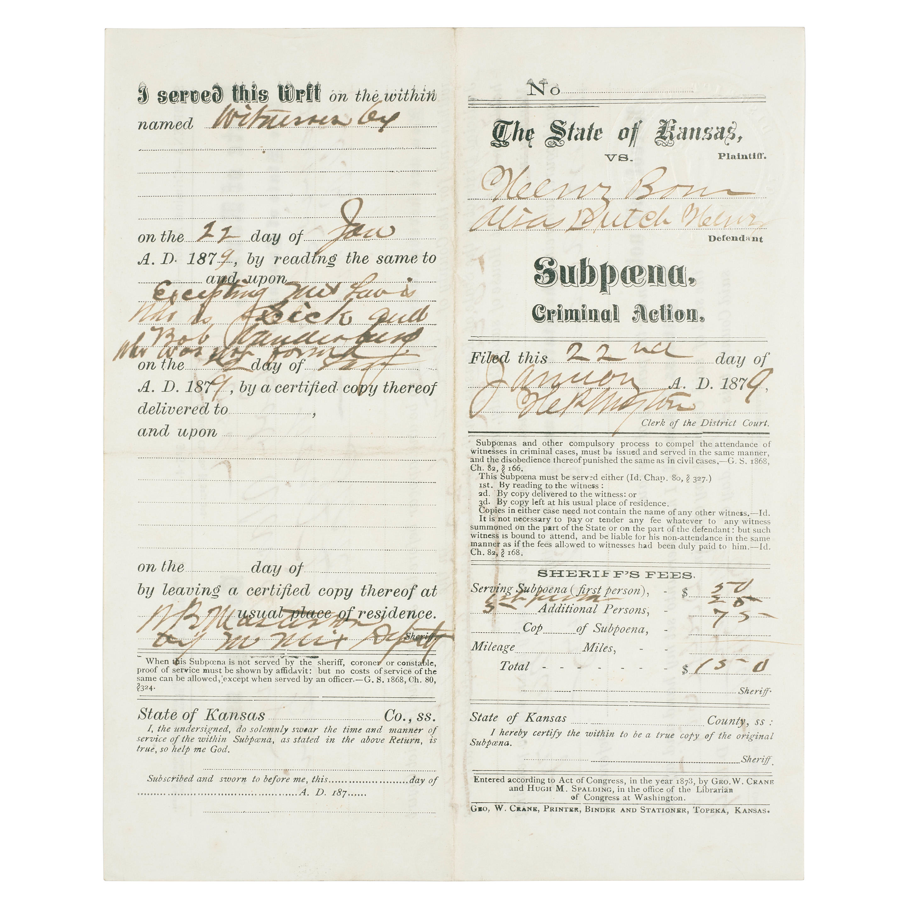 Bonhams : SUBPOENA FOR DUTCH HENRY BORN. Partially printed document 