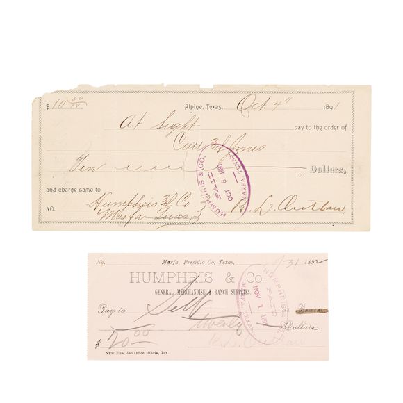 Bonhams BASS OUTLAW SIGNED CHECK. OUTLAW, BASS (BAZ). 18561896