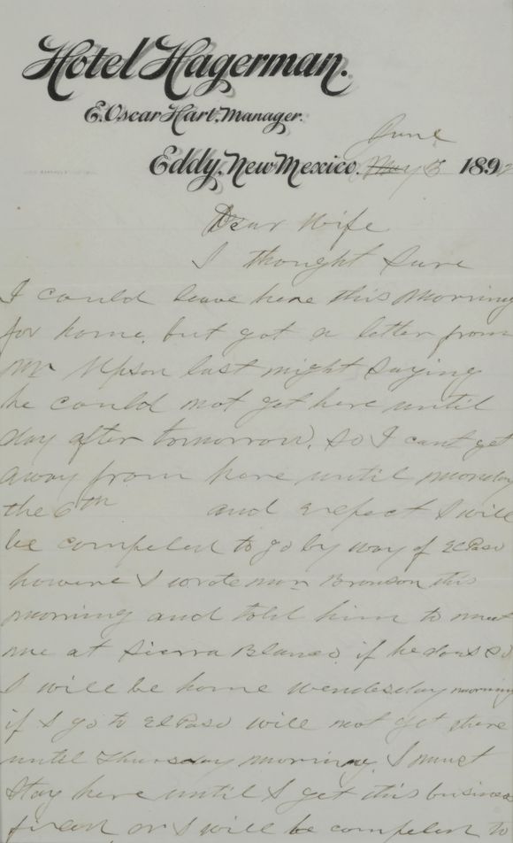 Bonhams PAT GARRETT LETTER TO HIS WIFE. GARRETT, PATRICK FLOYD. 1850