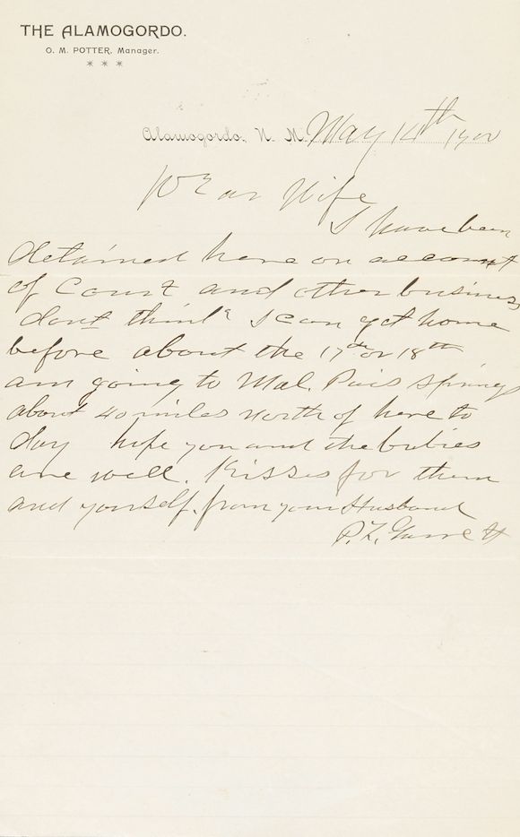 Bonhams PAT GARRETT LETTER TO HIS WIFE. GARRETT, PATRICK FLOYD. 1850