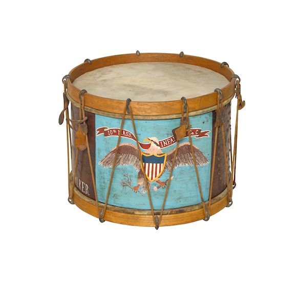 Bonhams AN AMERICAN POLYCHROME PAINTED WOOD AND VELLUM CIVIL WAR DRUM.