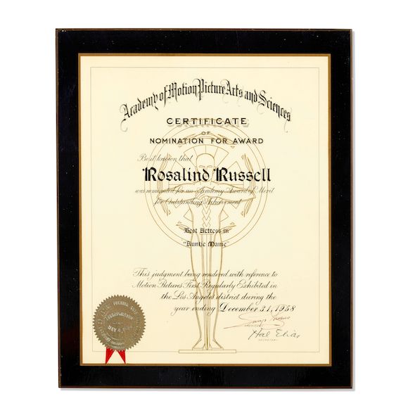 Bonhams A Rosalind Russell Academy Award nomination certificate for Auntie Mame