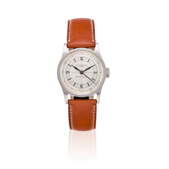 Bonhams : PATEK PHILIPPE. A RARE AND SPECIAL "BIRKS ELLIS" DOUBLE SIGNED STAINLESS STEEL MANUAL WIND WRISTWATCHRef: 96, Sold 20th August, 1935