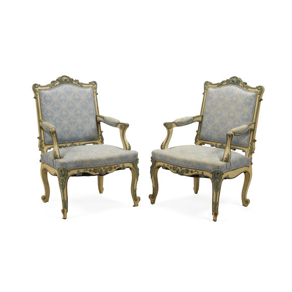 Bonhams : A PAIR OF LOUIS XV STYLE PAINTED FAUTEUILS À LA REINE