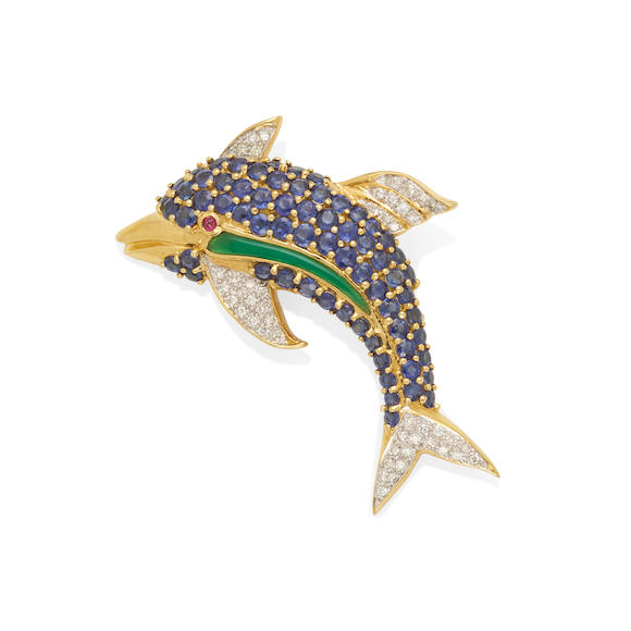 Bonhams : AN 18K GOLD, SAPPHIRE AND DIAMOND DOLPHIN BROOCH