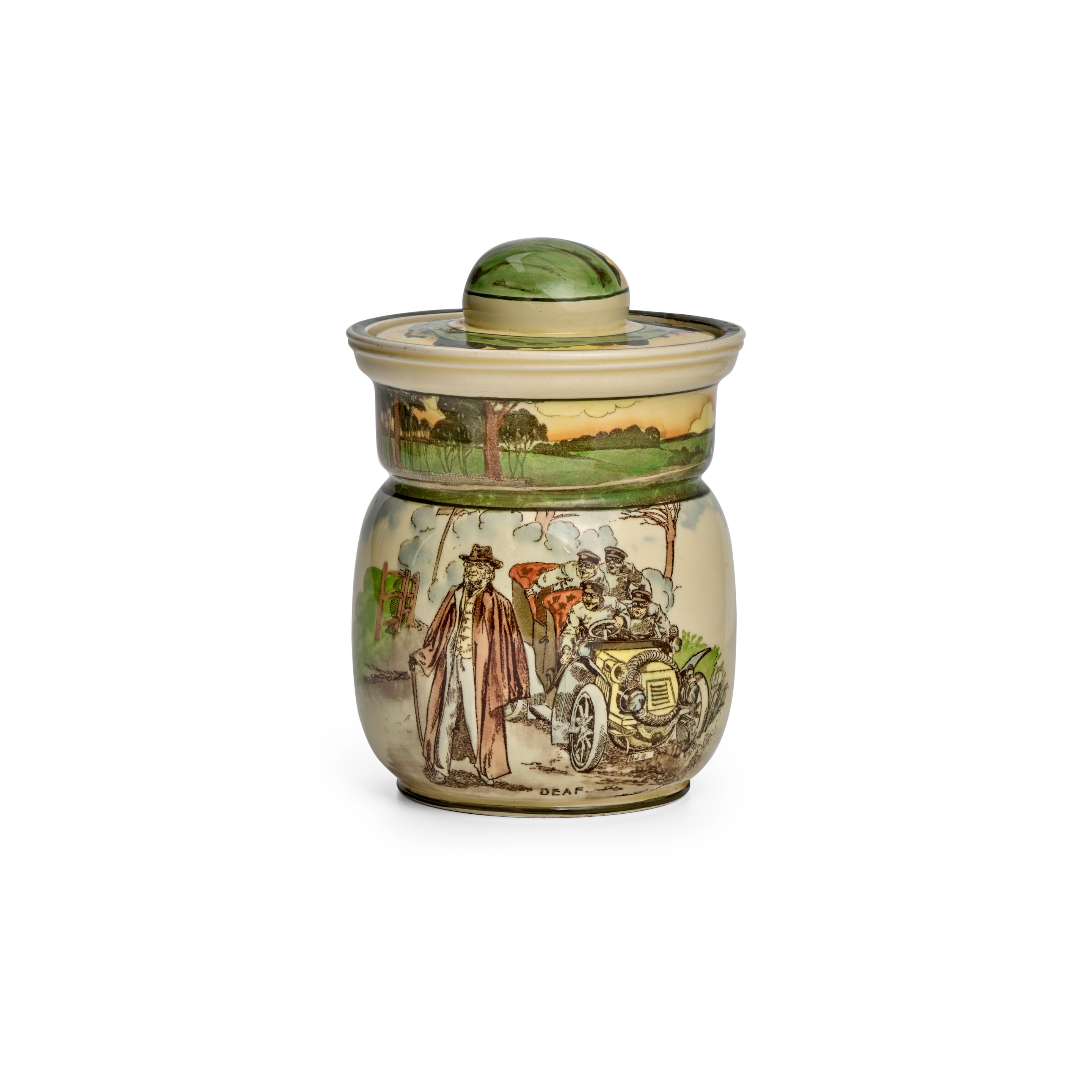 Bonhams Cars : A SCARCE ROYAL DOULTON MOTORING SERIES TOBACCO JAR WITH LID,  'Deaf',
