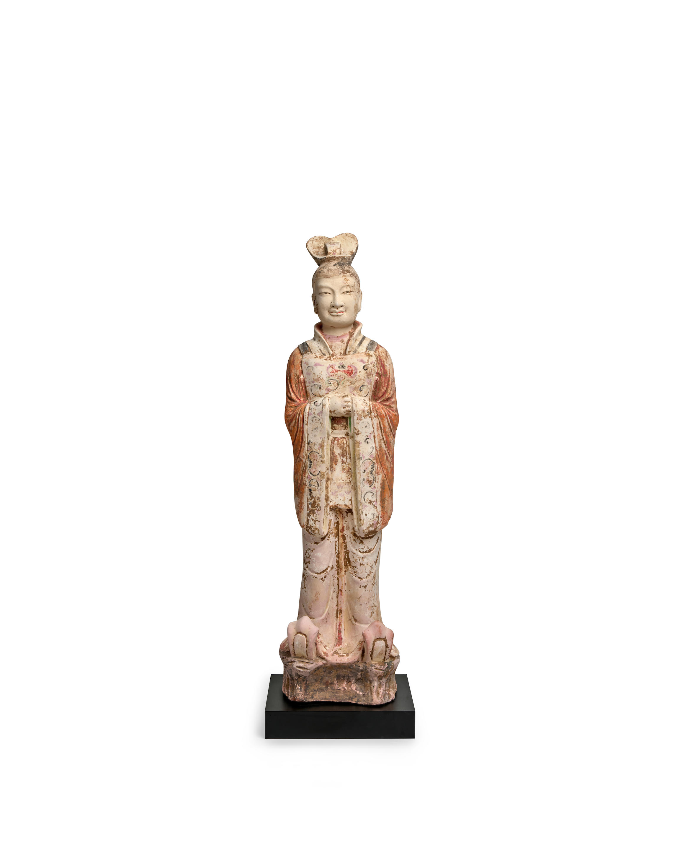 A MASSIVE PAINTED POTTERY FIGURE OF A COURT DIGNITARY