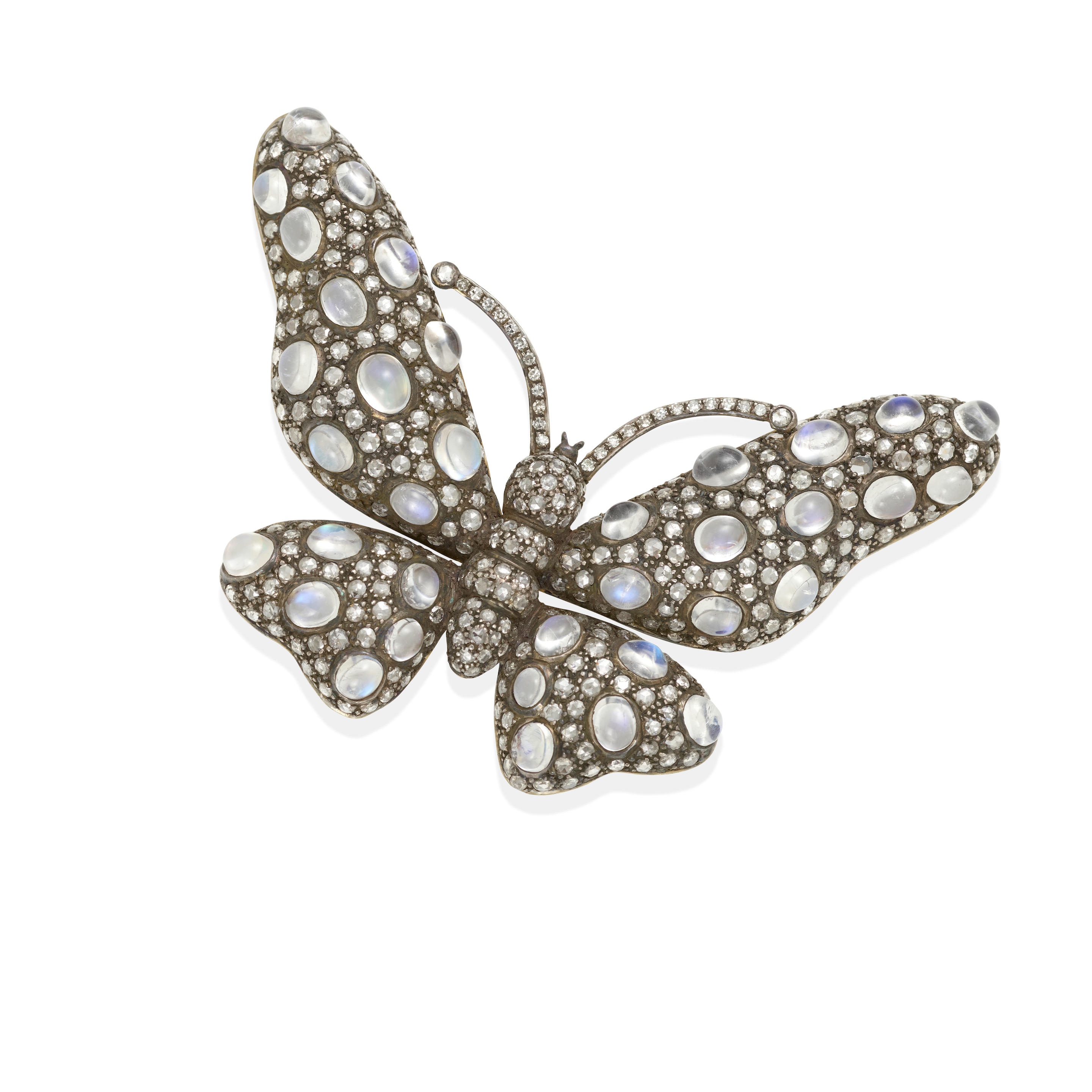 A STERLING SILVER, 14K GOLD, MOONSTONE AND DIAMOND BUTTERFLY BROOCH