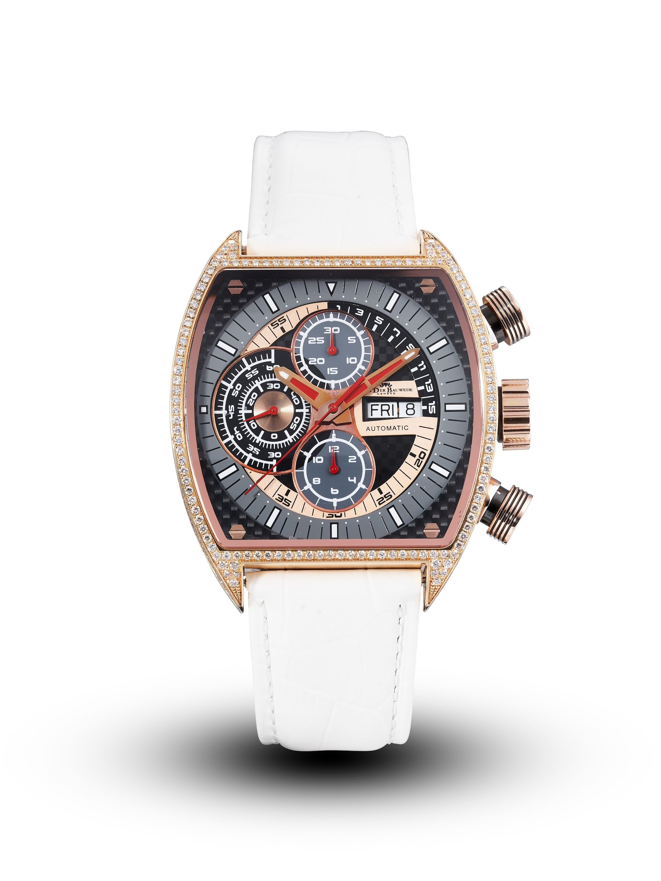 VAN DER BAUWEDE. AN 18K GOLD AND DIAMOND SET AUTOMATIC CALENDAR