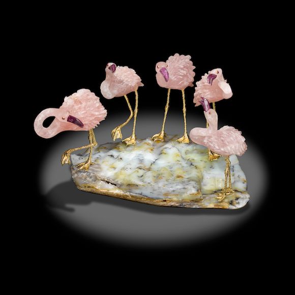Bonhams : Rose Quartz Carving Depicting a Flamboyance of Flamingos on a