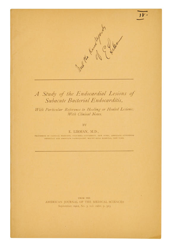 Bonhams : LIBMAN, EMANUEL. 1872-1946. 10 offprints on endocarditis, six ...