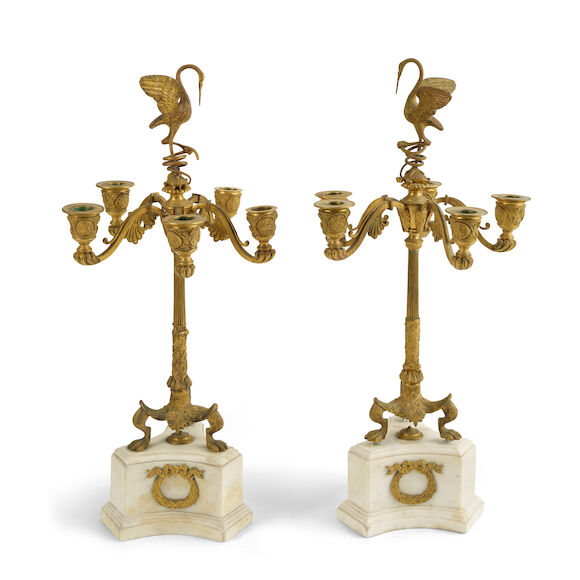 Bonhams : A PAIR OF EMPIRE STYLE GILT BRONZE AND MARBLE FIVE-LIGHT ...