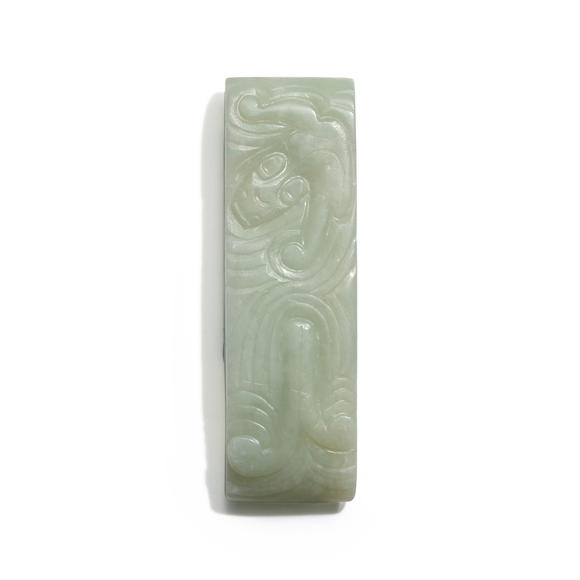 Bonhams : An Archaistic Pale Celadon-white Jade Scabbard Slide Qing Dynasty