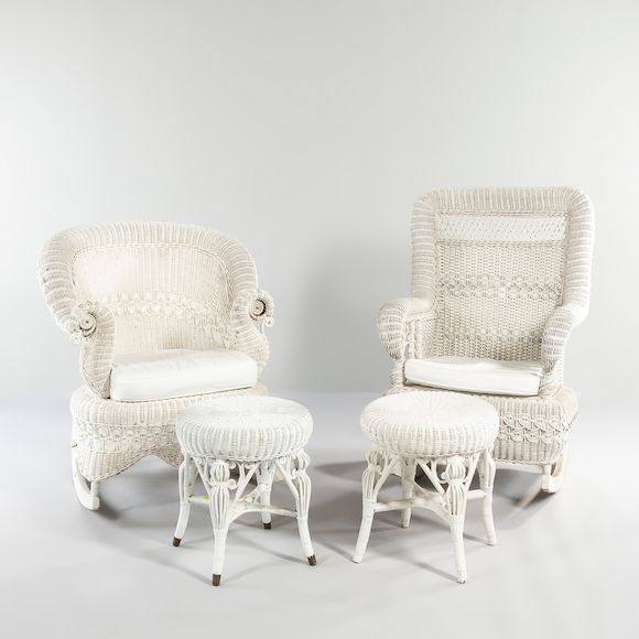 Bonhams Skinner Two White Wicker Armchairs and a Pair of Footstools