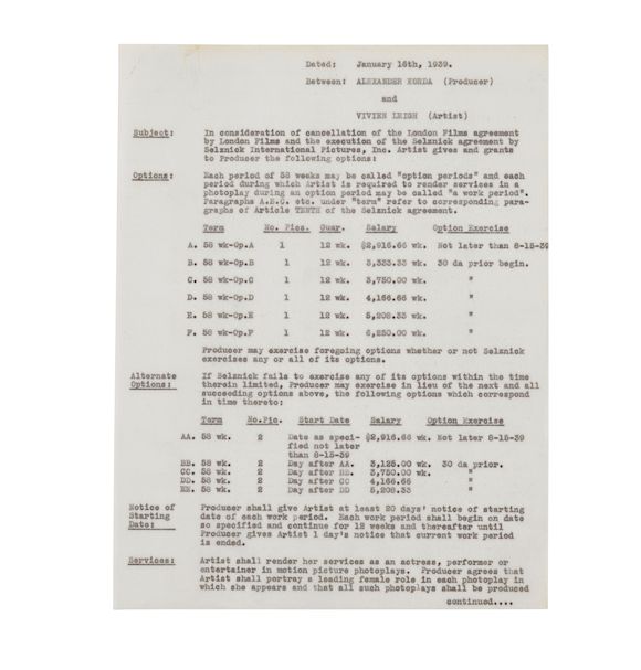 Bonhams A VIVIEN LEIGH GROUP OF CARBON COPY CONTRACTS PERTAINING TO