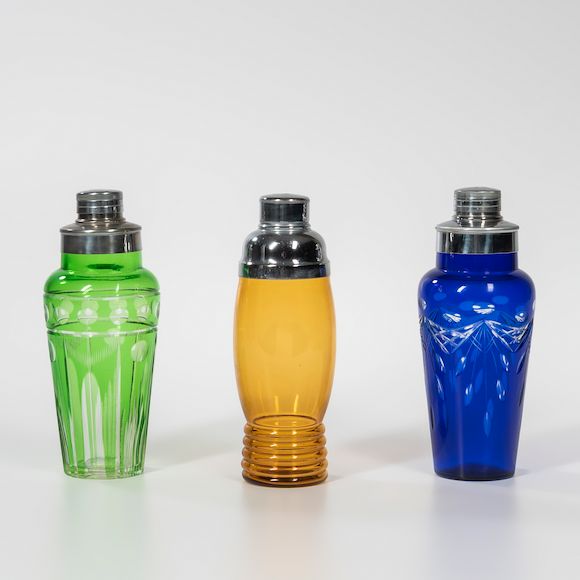 Bonhams Skinner Three Vintage Colored Glass Cocktail Shakers c. 1930s