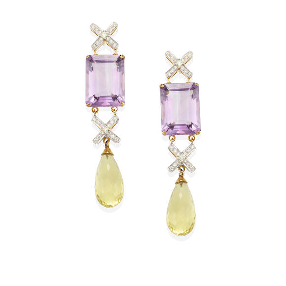 bonhams-a-pair-of-gold-gem-set-and-diamond-earrings