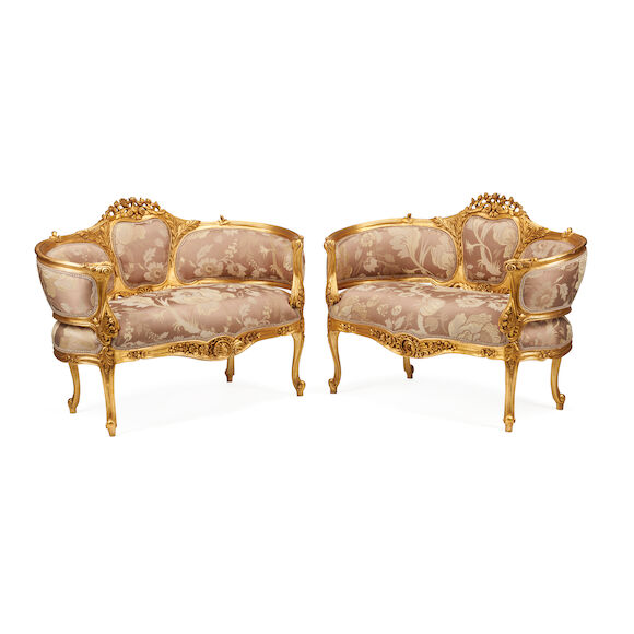 Bonhams : A PAIR OF LOUIS XV STYLE GILTWOOD SETTEES