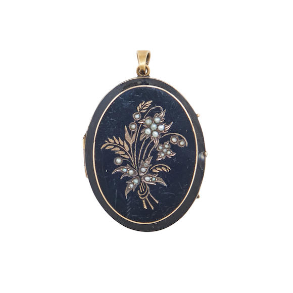 Bonhams Skinner : AN ANTIQUE GOLD, ENAMEL, AND SEED PEARL LOCKET