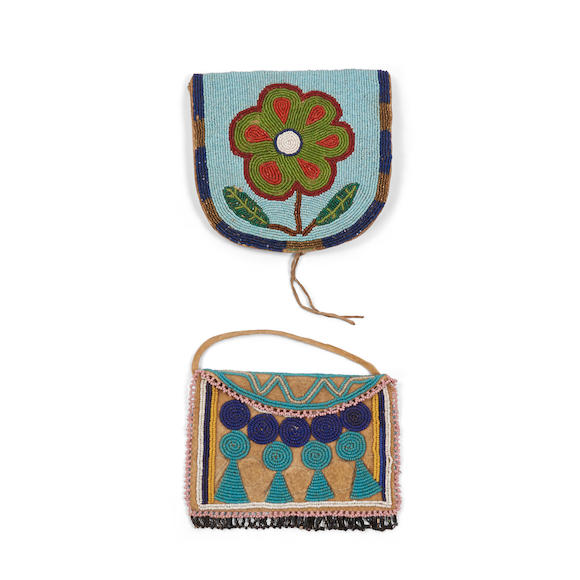 Bonhams Skinner : Two Plateau and Métis beaded hide pouches ht. 4 3/4 ...