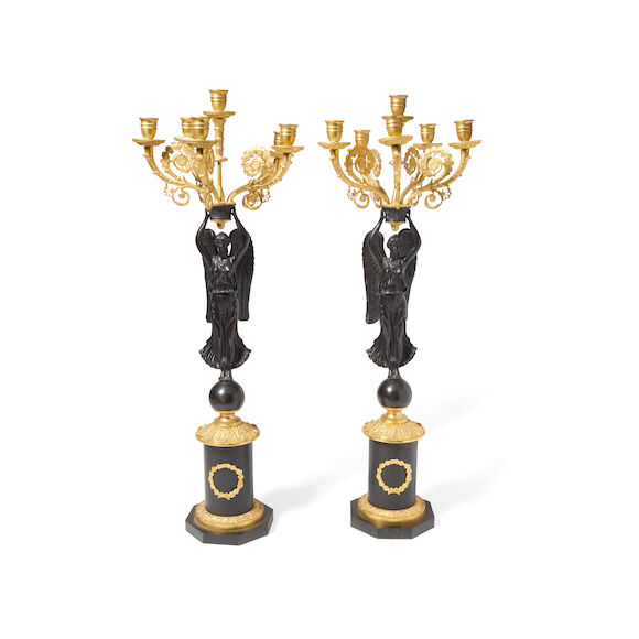 Bonhams : A PAIR OF EMPIRE STYLE PATINATED AND GILT BRONZE AND PAINTED ...