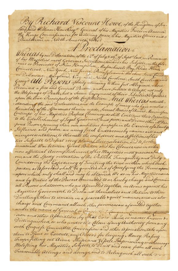Bonhams LORD HOWE'S PROCLAMATION OF NOVEMBER 30, 1776. HOWE, ADMIRAL