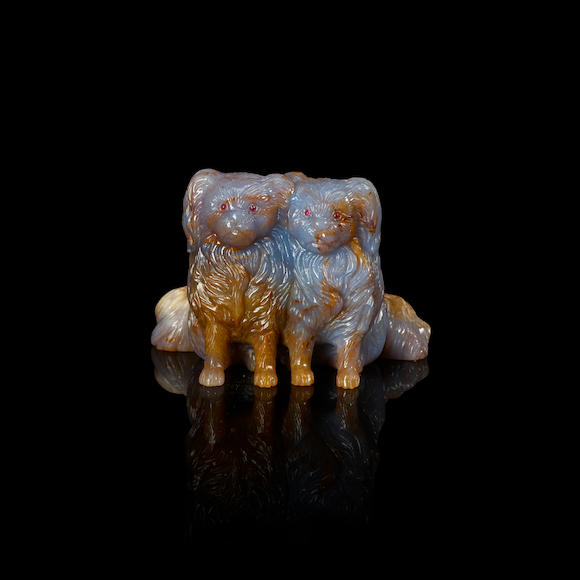 Bonhams : Chalcedony Carving of Two Pekingese Dogs by Christopher Schmitt