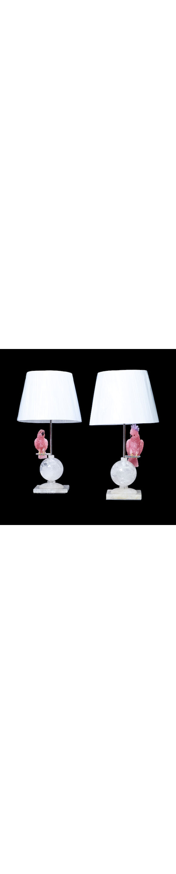 Bonhams Pair of Rock Crystal Quartz Lamps with Rose Quartz Cockatoos