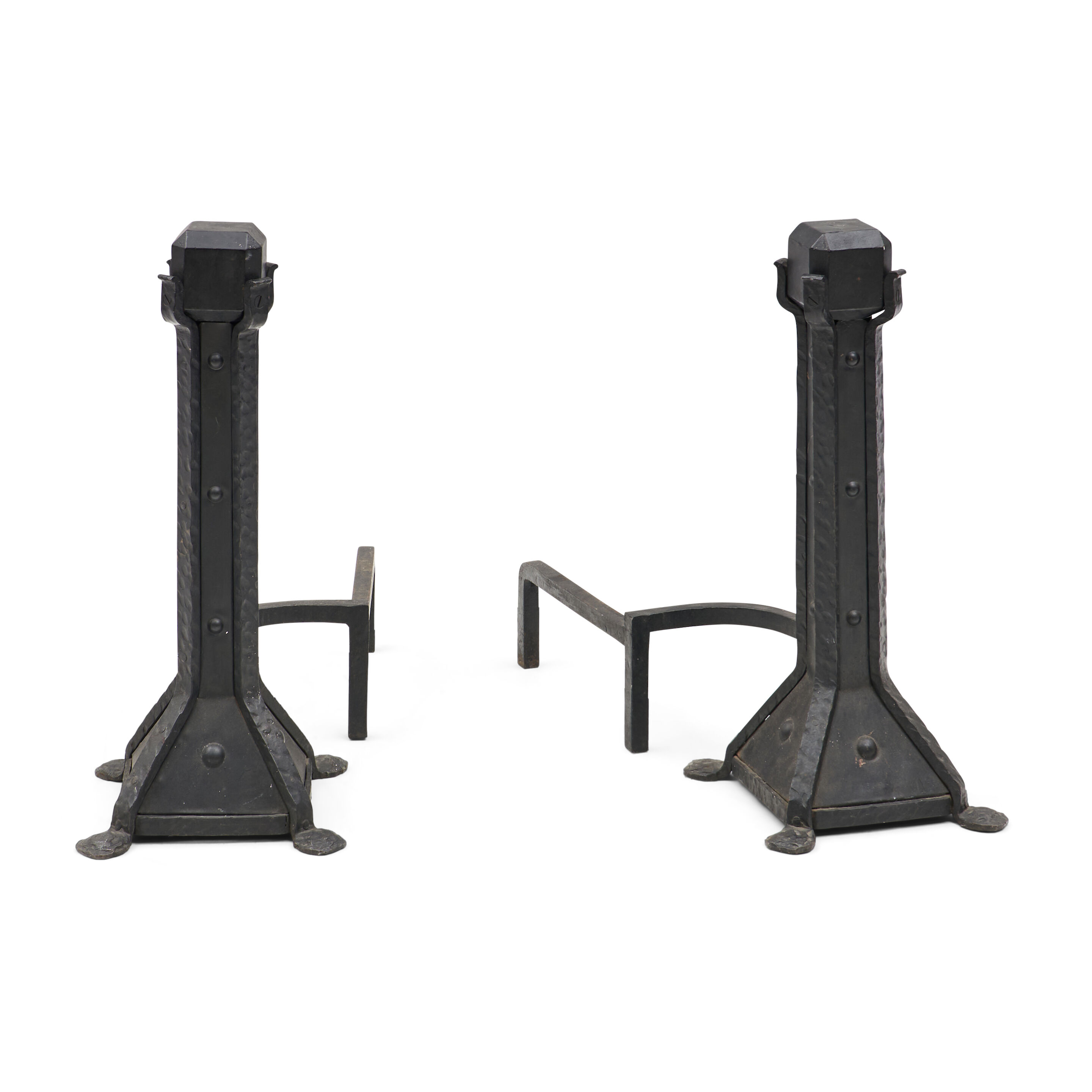 Bonhams Skinner Pair of Large Wrought Iron Arts and Crafts Andirons