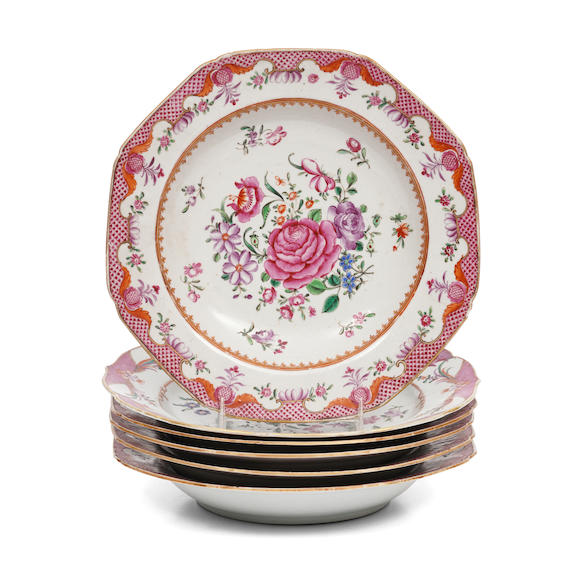 Bonhams Skinner : Six Famille Rose Porcelain Plates, China, 19th century.