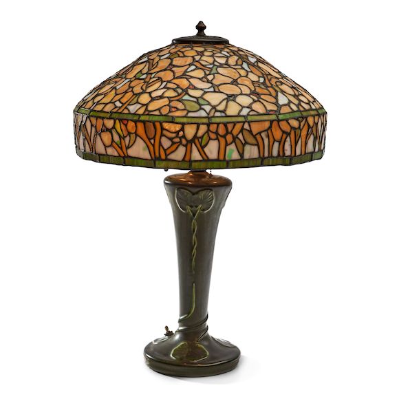 Bonhams Skinner Hampshire Pottery Lamp Base with a Mosaic Glass Shade