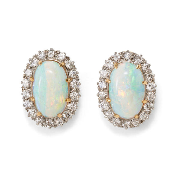 Bonhams Skinner : A PAIR OF GOLD, OPAL, AND DIAMOND EARRINGS