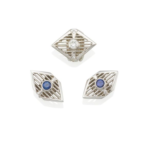 Bonhams THREE WHITE GOLD, SAPPHIRE AND DIAMOND SHIRT STUDS