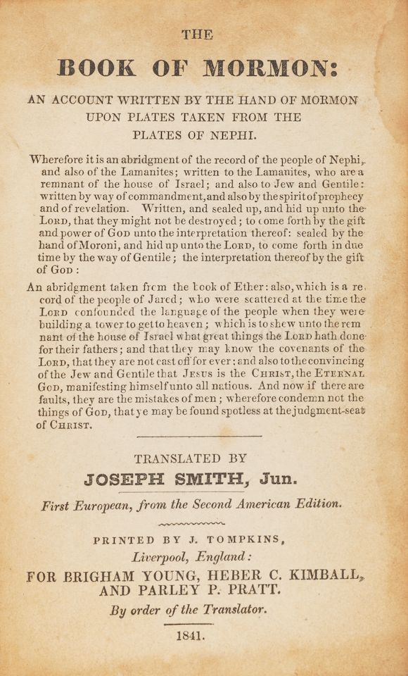 Bonhams : MORMONISM. SMITH, JOSEPH. 1805-44. The Book of Mormon: An ...