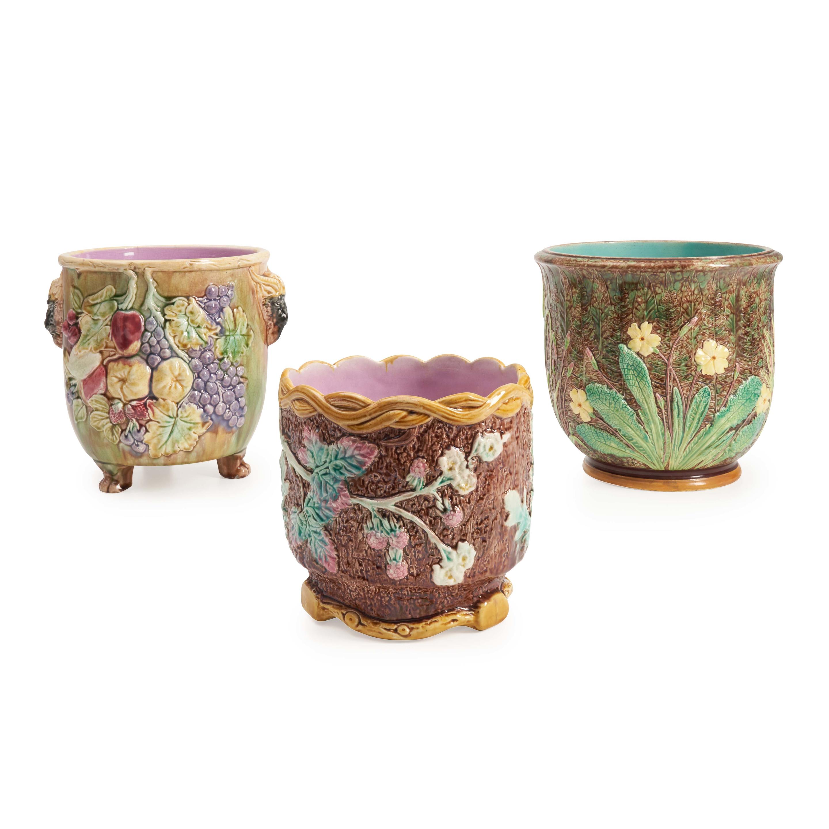 Bonhams Cars Three Majolica Glazed Art Pottery Jardinieres