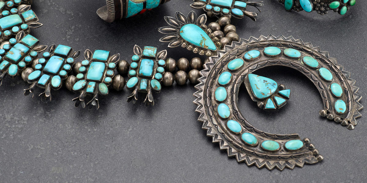 Burt George!! Vintage Native American Jewelry Navajo Turquoise Sterling Silver Squash Blossom Necklace