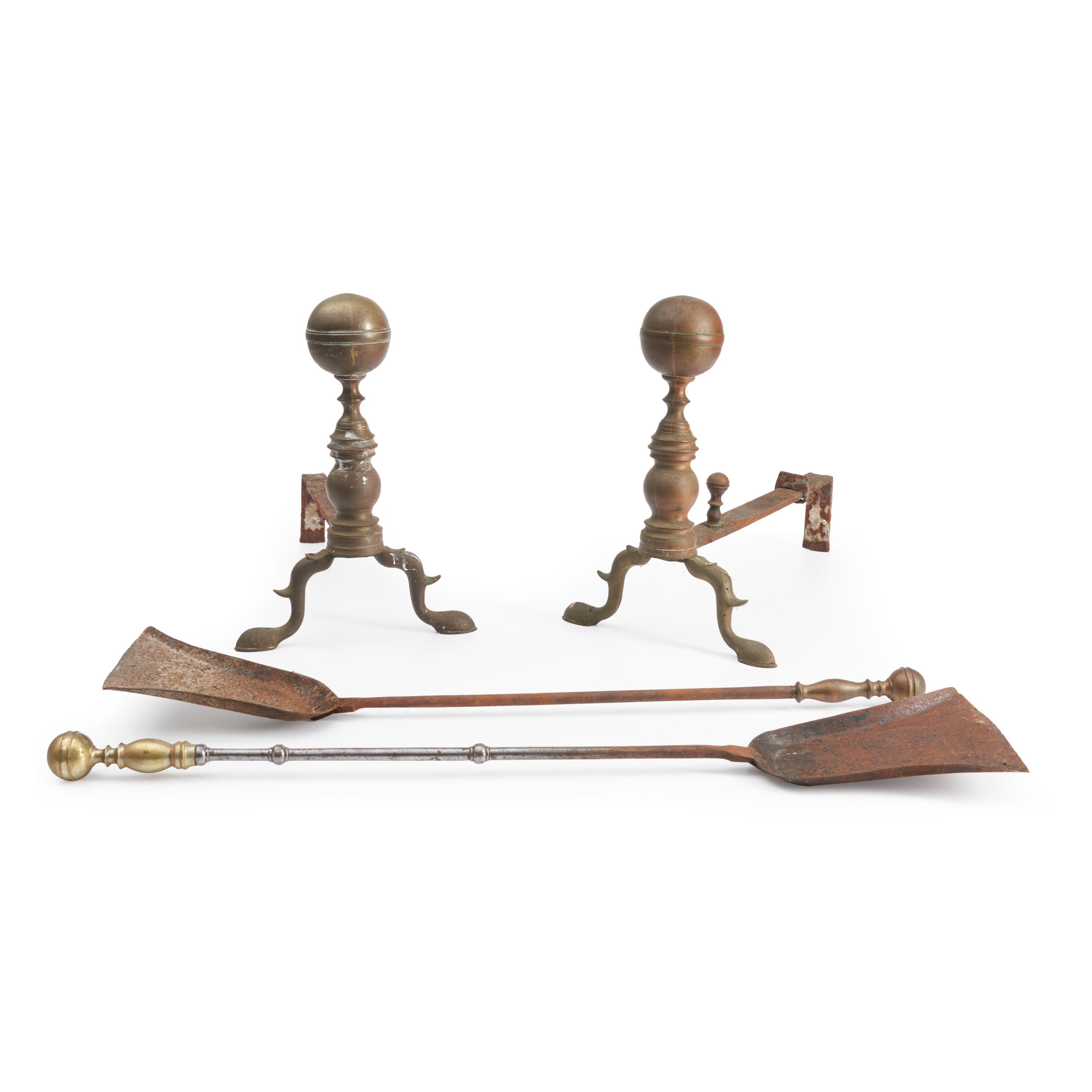 Bonhams Cars : Pair of Brass Ball-top Andirons and Two Shovels