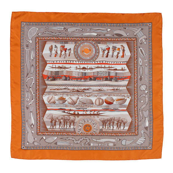 Bonhams : HERMÈS VIE DU FLEUVE SILK SCARF 90cm