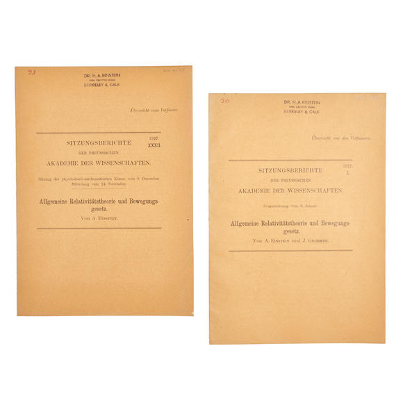 Bonhams Hans Albert Einstein Copy Einstein On Motion Einstein Albert 1879 1955 Allgemeine 2378