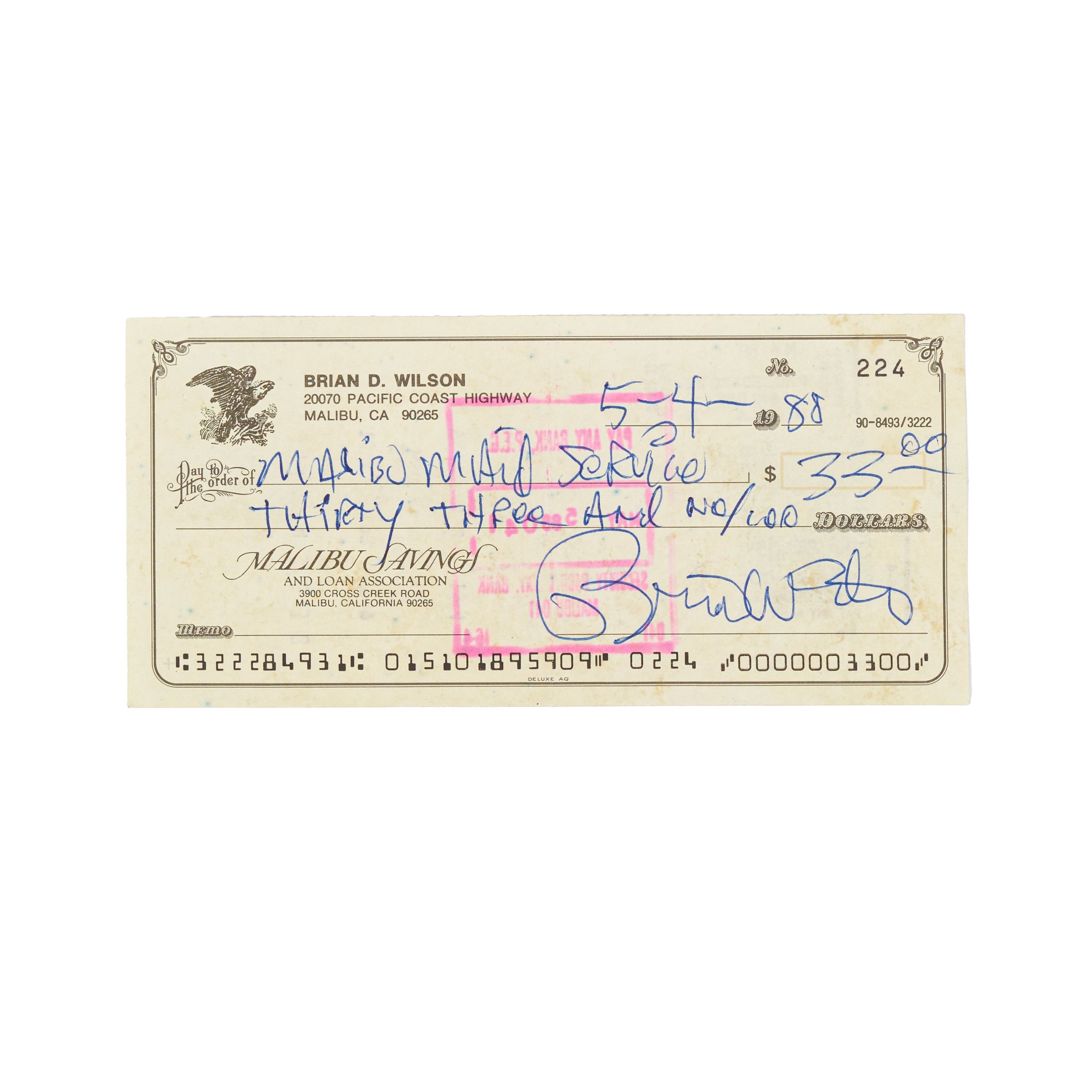 Bonhams : Beach Boys Brian Wilson Signed Bank Check
