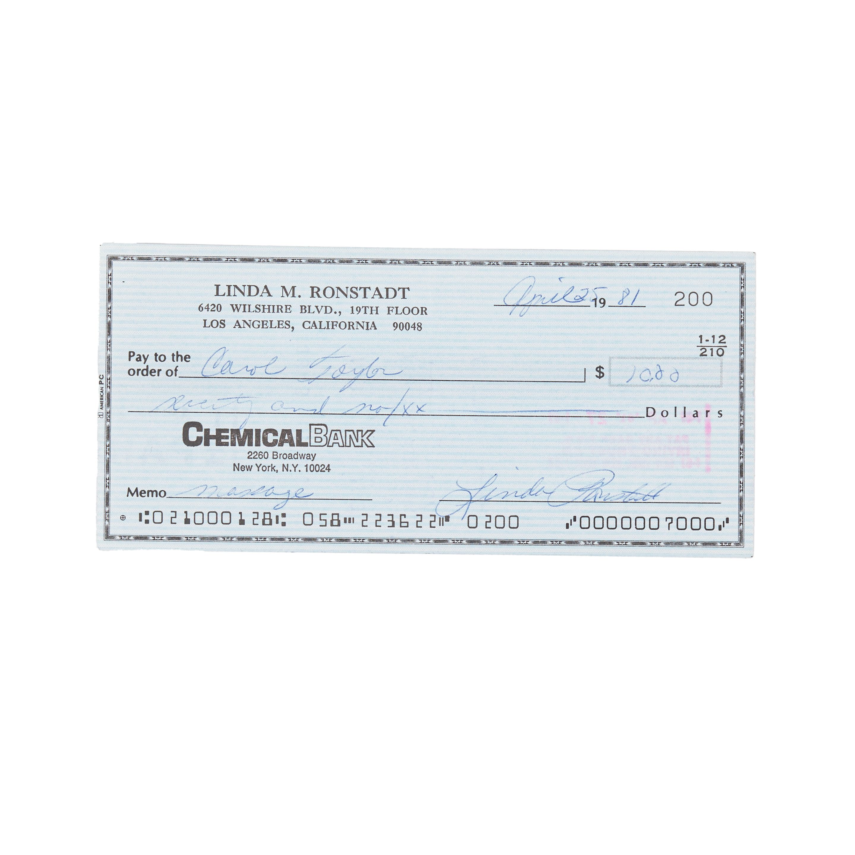 Bonhams : Linda Ronstadt Signed Bank Check.