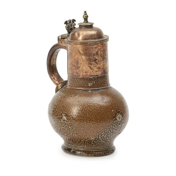 Bonhams Skinner : Copper-Mounted Rhenish Saltglazed 'Tigerware' Jug