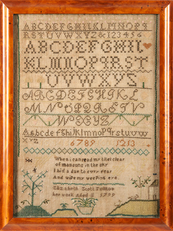 Bonhams Skinner : Framed Needlepoint Sampler, Signed Elizabeth Scott 